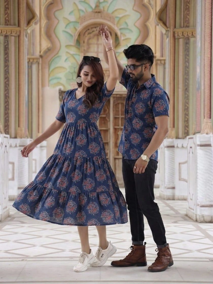 Vintage Navy Bagru hand block printed sibling twinning outfits in pure cotton – brother half shirt and sister one piece | SA Fab