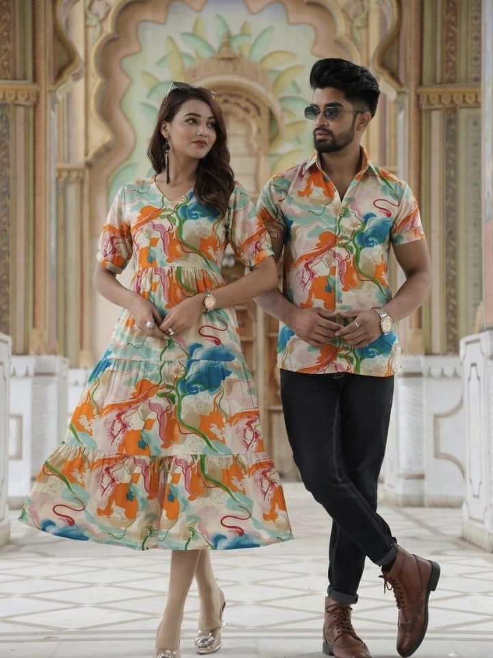 White Bagru hand block printed matching dress for brother and sister in pure cotton – shirt and one piece | SA Fab