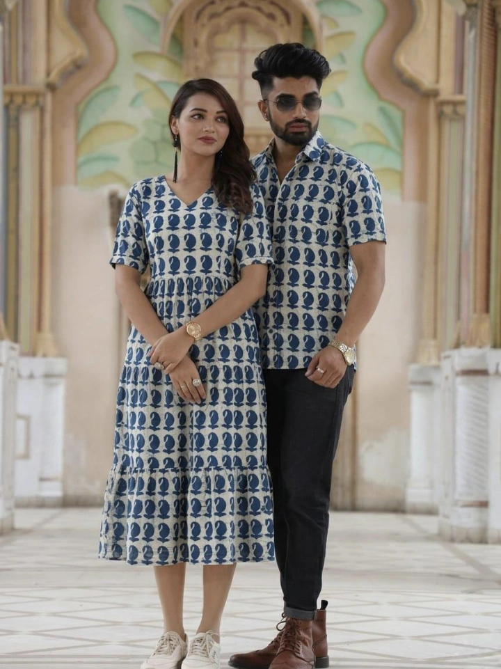 White and indigo leaf Bagru hand block printed brother and sister matching dress in pure cotton – shirt and one piece | SA Fab