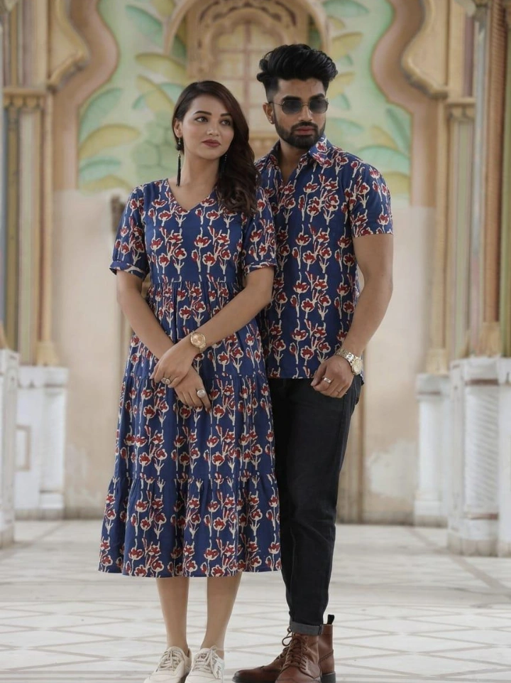 Indigo Bagru hand block printed brother and sister matching dresses in pure cotton – floral print shirt and one piece | SA Fab