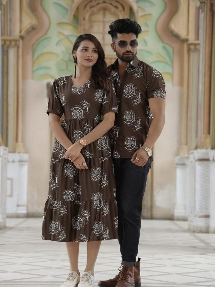 Rich Brown Bagru hand block printed brother and sister matching Indian dresses in pure cotton – floral print shirt and one piece | SA Fab