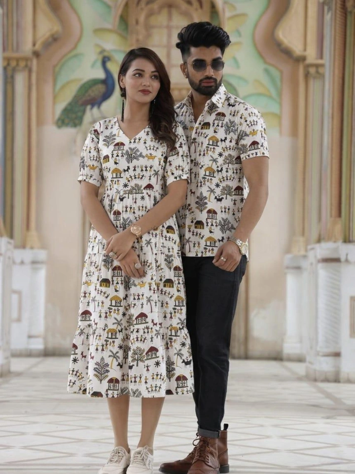 White Bagru hand block printed brother and sister matching dress India in pure cotton – tribal print shirt and one piece | SA Fab