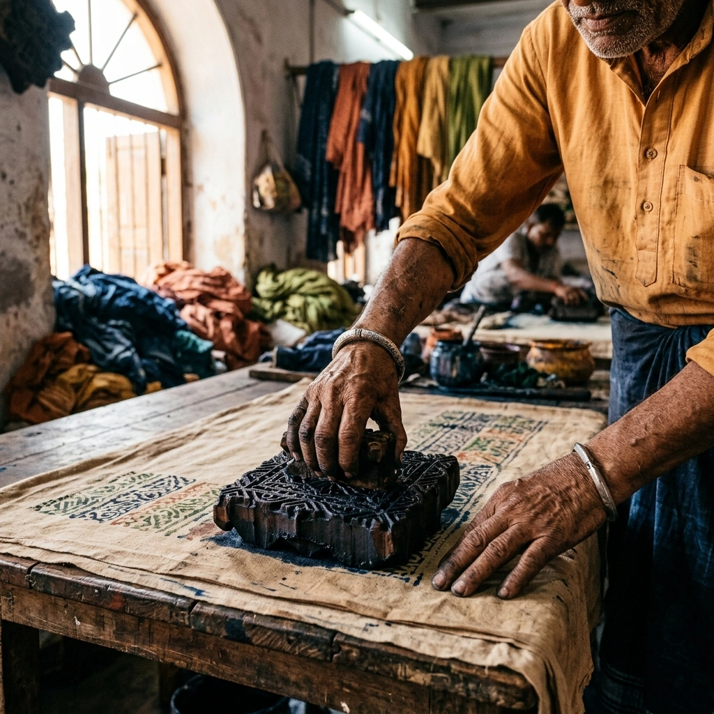 Chhipa artisan hand pressing carved wooden block on natural dye cotton fabric Bagru Rajasthan SA Fab Independence Day 2026