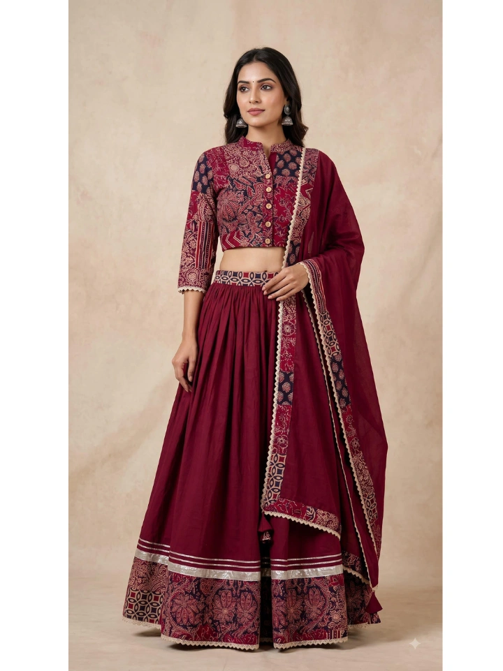 Persian red block printed chaniya choli with patch work — pure cotton hand block printed Bagru SA Fab