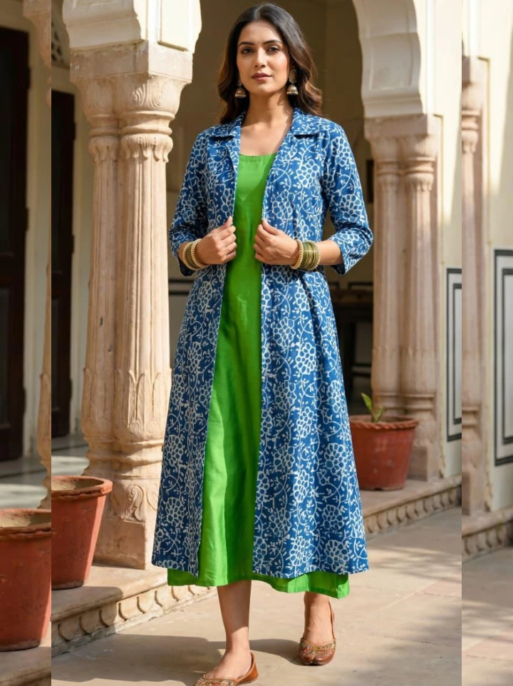green midi dress with indigo floral block printed shrug — pure cotton hand block printed Bagru SA Fab