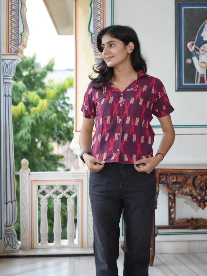 Indigo geometric block printed shirt top for women — pure cotton half sleeve Bagru top SA Fab