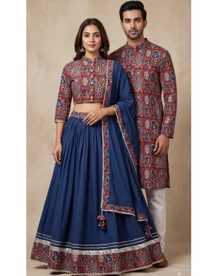Midnight navy royal block print Korean couple outfits โ pure cotton lehenga, dupatta, choli and matching kurta | SA Fab
