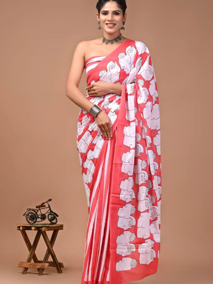 Reddish pink puppet face hand block printed pure cotton saree – Bagru Jaipur Rajasthan | SA Fab