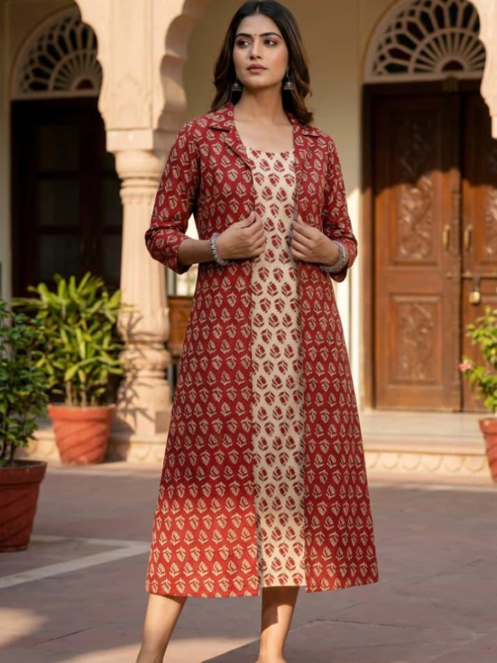 beige small motif print midi dress with red small motif print shrug — pure cotton hand block printed Bagru SA Fab