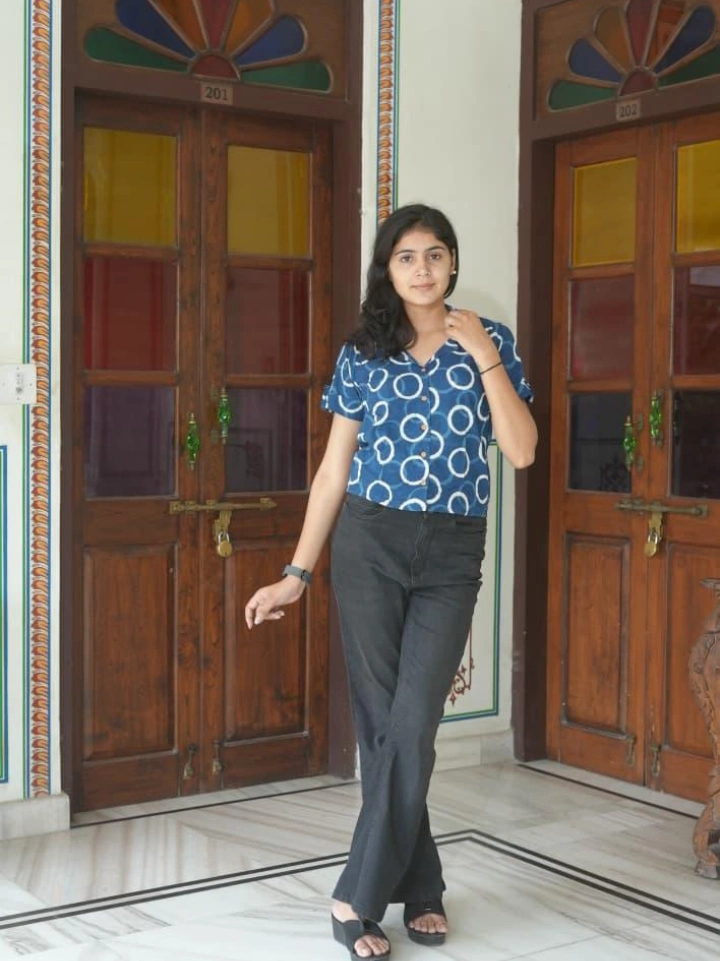 Indigo geometric block printed top style shirt — pure cotton half sleeve Bagru print SA Fab