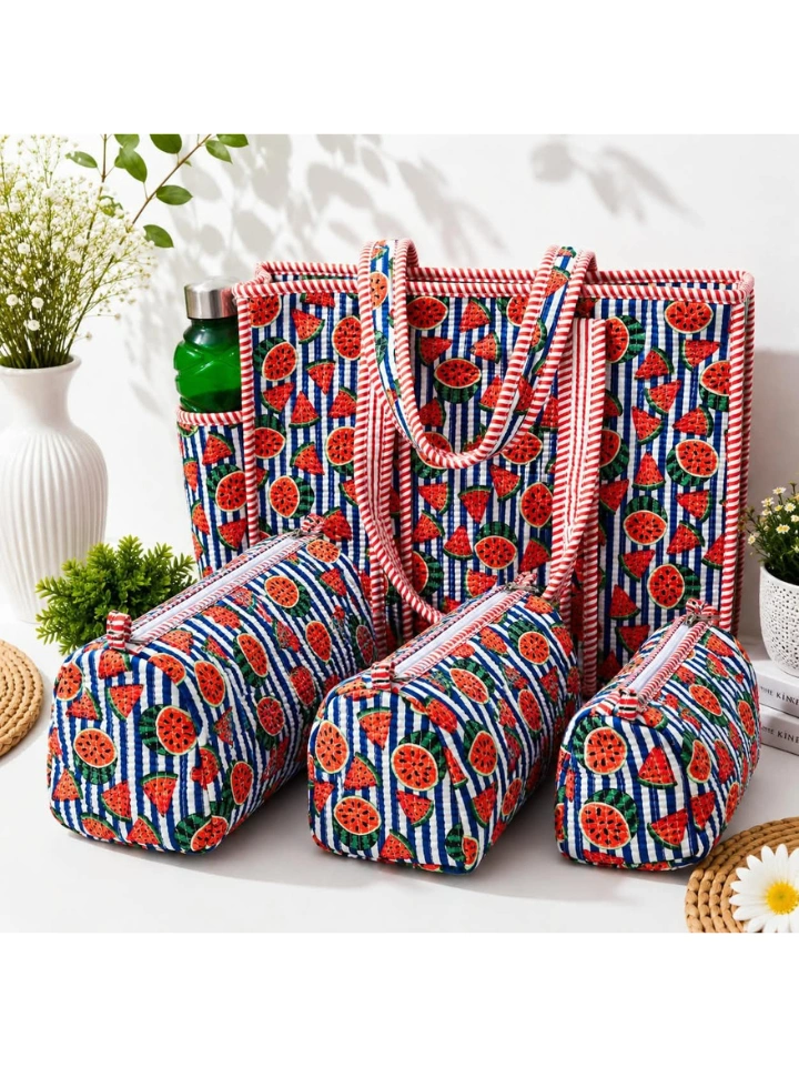 White striped quilted bag with watermelon print and utility pouches — SA Fab Jaipur