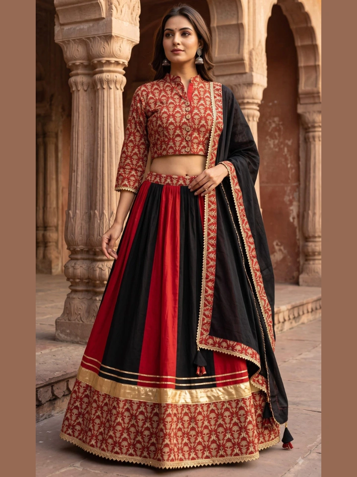 Red and black chaniya choli with red small motif print crop top and black dupatta — pure cotton Bagru SA Fab