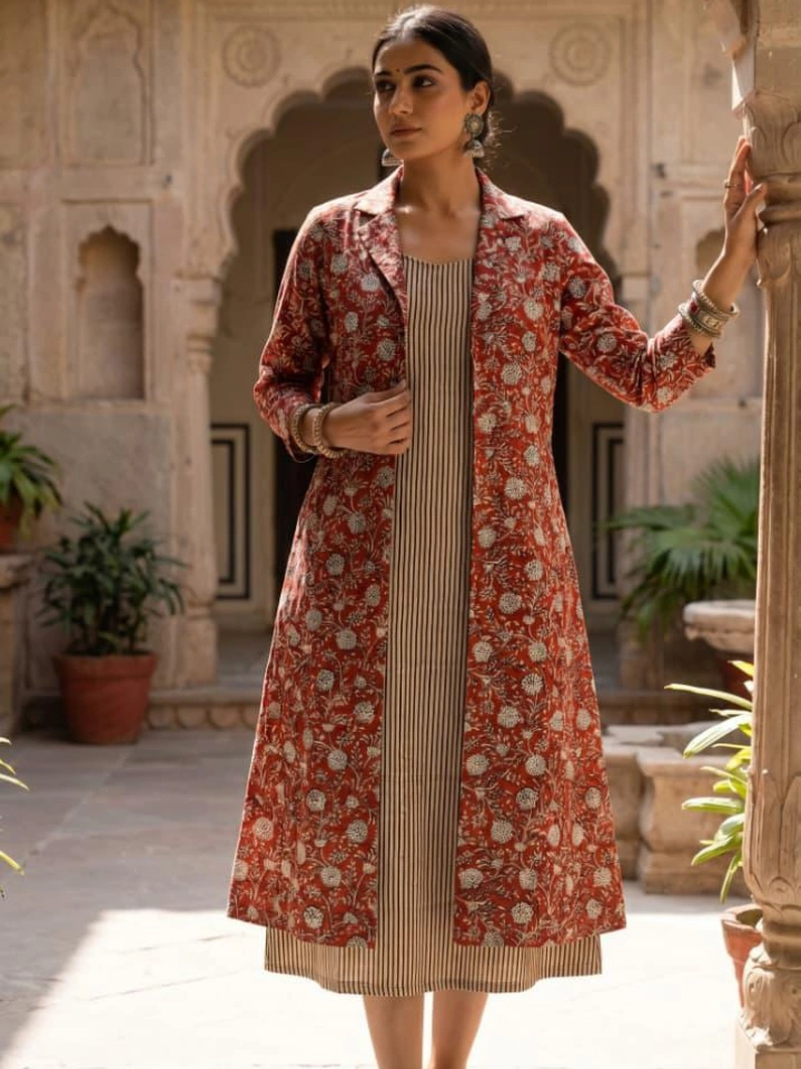 terracotta striped midi dress with red floral print shrug โ pure cotton hand block printed Bagru SA Fab