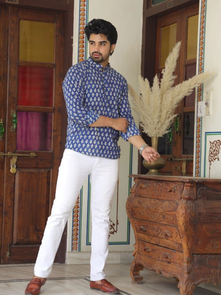 Muted indigo small motif block printed short kurta for men — pure cotton, Bagru | SA Fab
