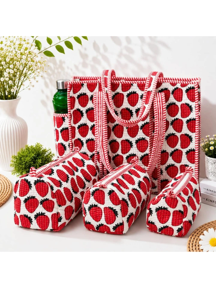 White quilted bag with red strawberry print and 3 utility pouches — SA Fab Bagru Jaipur