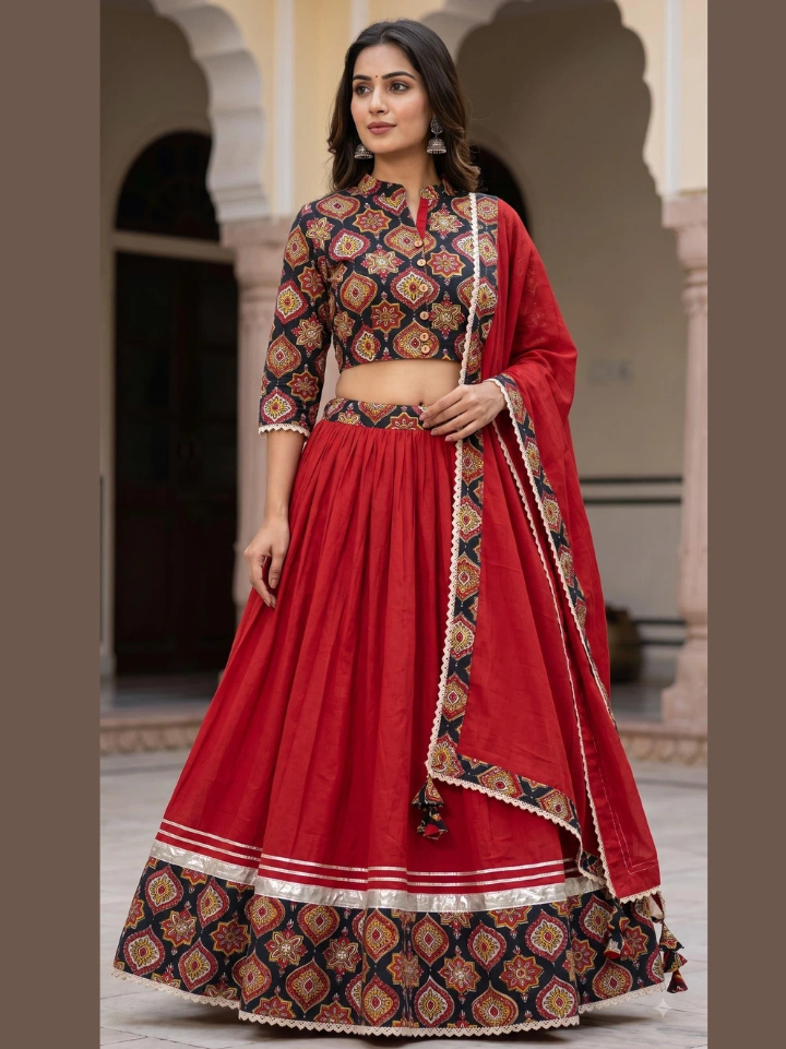 Berry red chaniya choli online with black block printed crop top and tassel dupatta โ pure cotton Bagru SA Fab