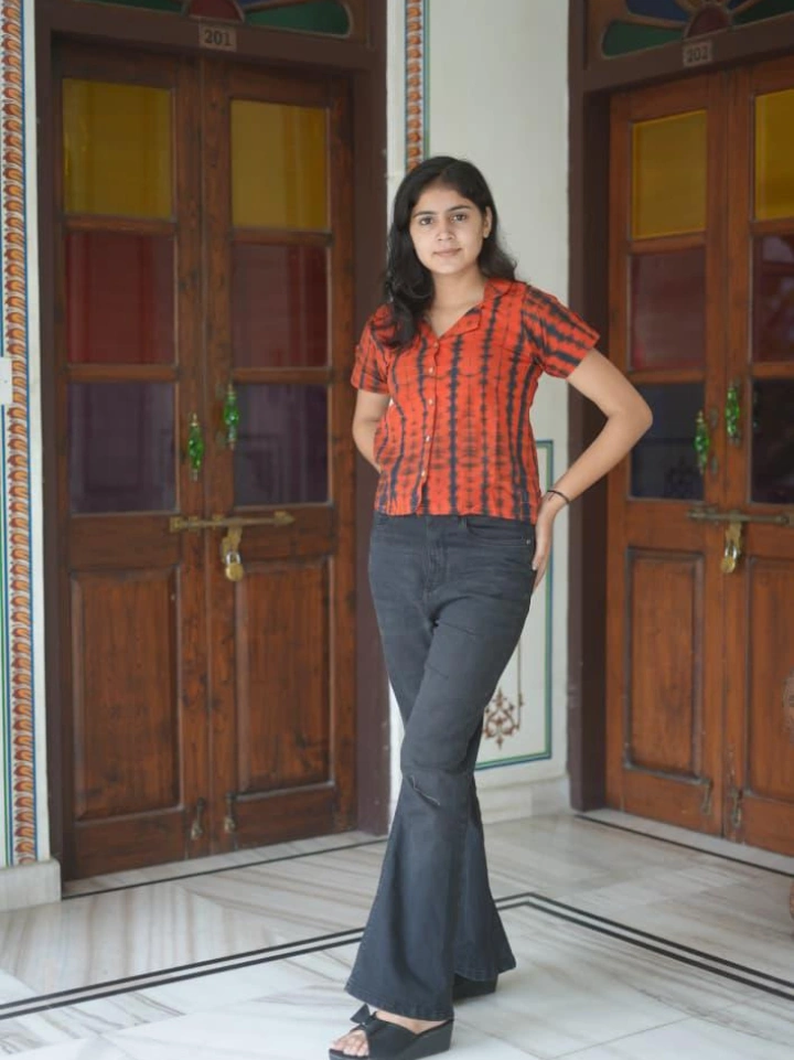 Red tie-dye style block printed top shirt — pure cotton half sleeve Bagru print SA Fab