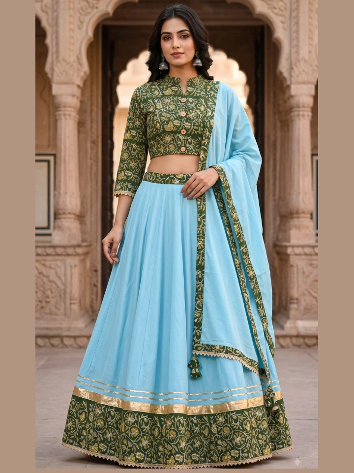 Pastel sky blue chaniya choli with red floral print crop top and matching dupatta โ pure cotton block printed SA Fab