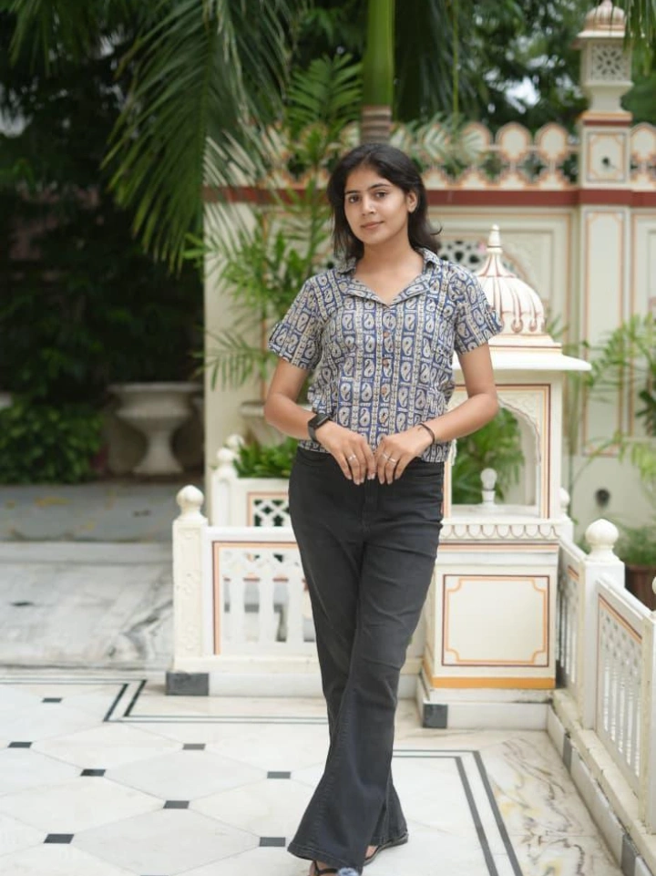 Dark greyish blue block printed shirt type top for girls — pure cotton half sleeve Bagru top SA Fab