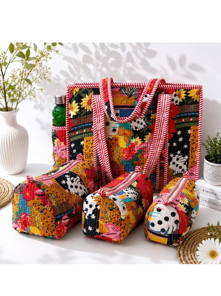Multicolour jungle print quilted makeup bag with bottle holder and 3 utility pouches — SA Fab Bagru Jaipur