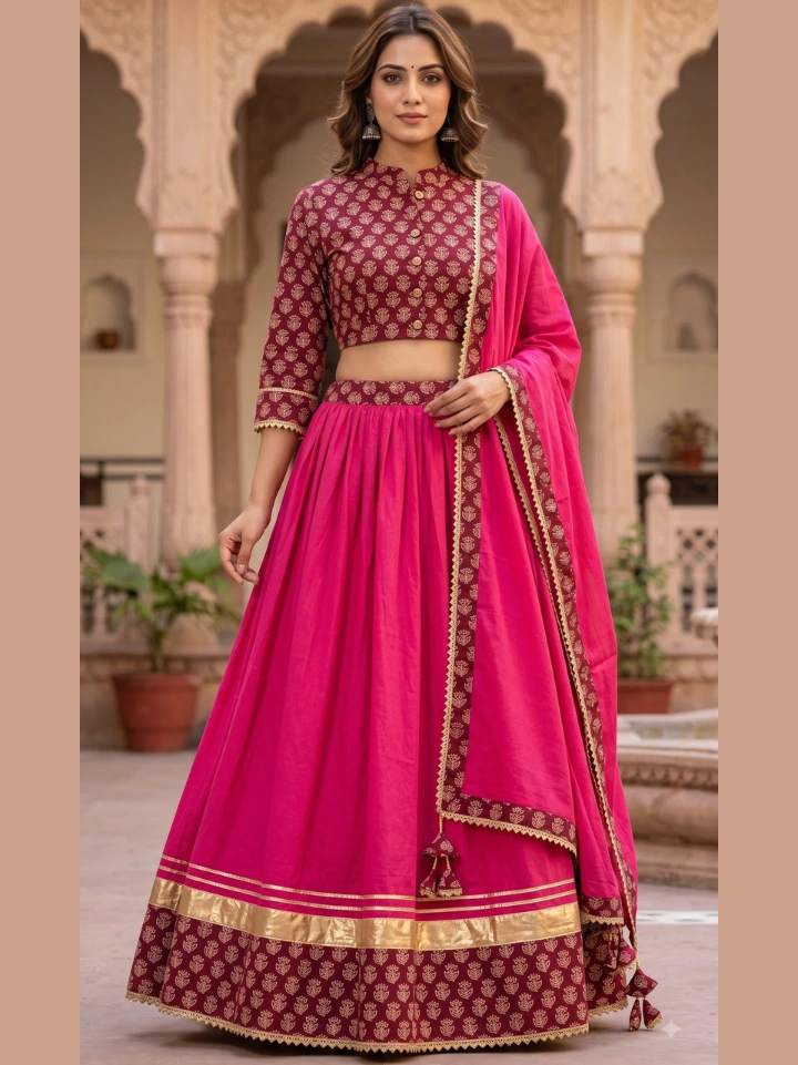 Pink cotton chaniya choli with red small motif crop top and pink tassel dupatta โ hand block printed Bagru SA Fab