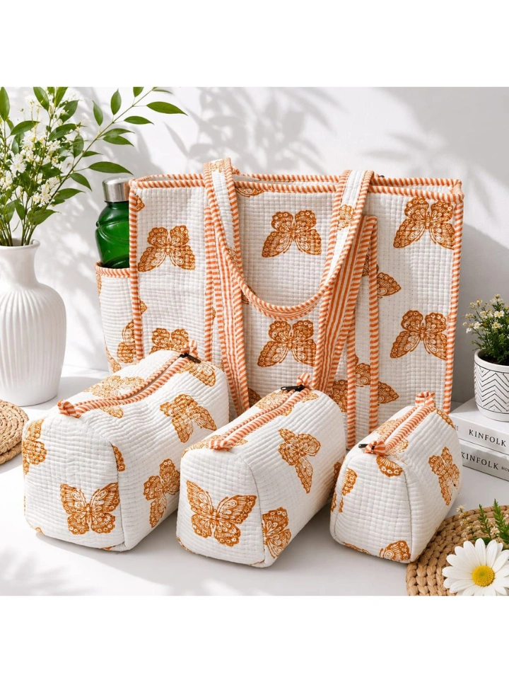 White quilted cotton bag with butterfly print and 3 utility pouches — SA Fab Bagru Jaipur