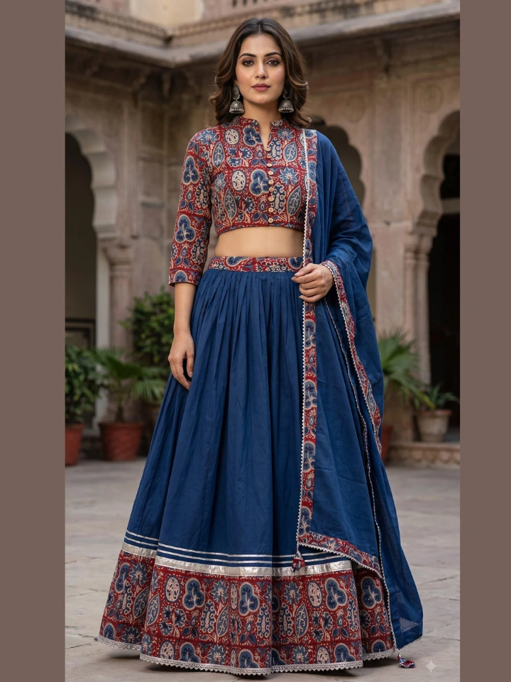 Indigo blue chaniya choli with floral print crop top and tassel dupatta — pure cotton hand block printed Bagru SA Fab