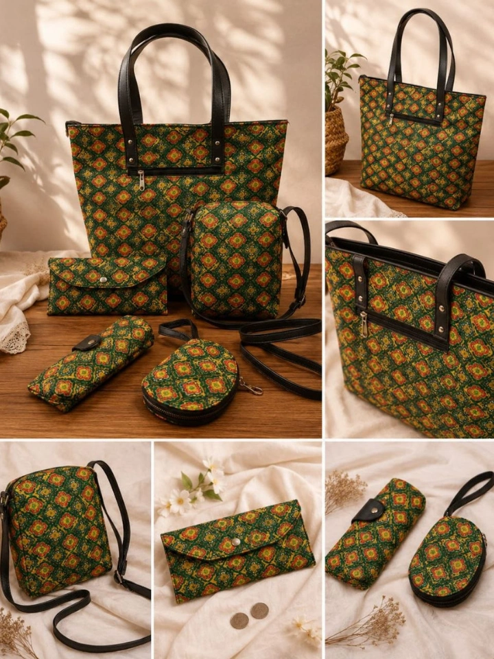 Dark olive printed handbags 5-piece cotton set — hand block printed Bagru Jaipur SA Fab
