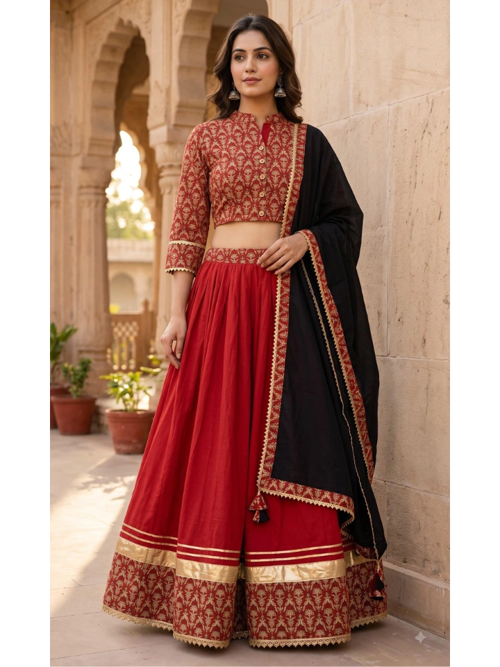 Red chaniya choli dress with small motif print crop top and black tassel dupatta — pure cotton hand block printed Bagru SA Fab