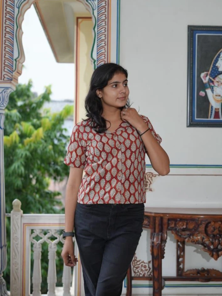 Dark maroon small motif block printed shirt type top for ladies — pure cotton half sleeve Bagru top SA Fab