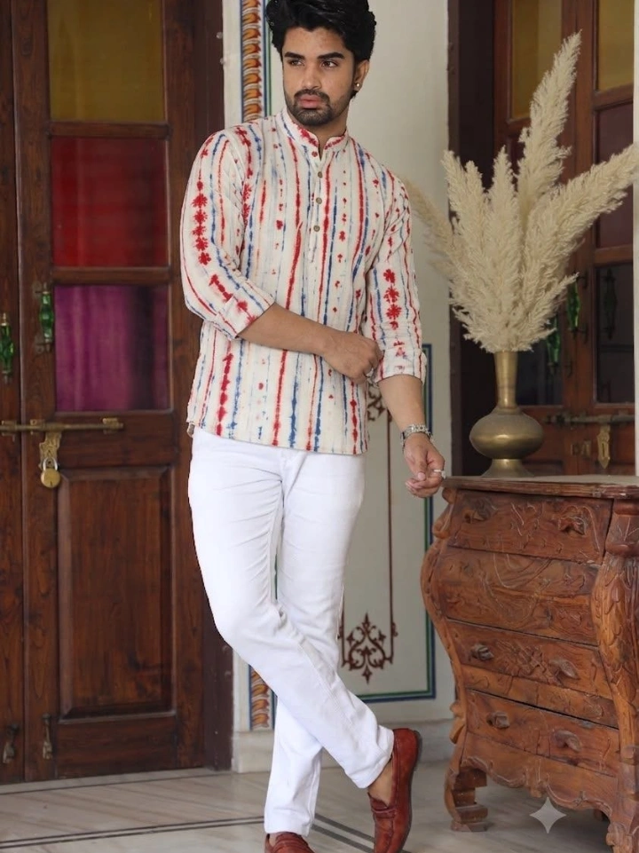 White tie-dye print short kurta for men — pure cotton, Bagru | SA Fab