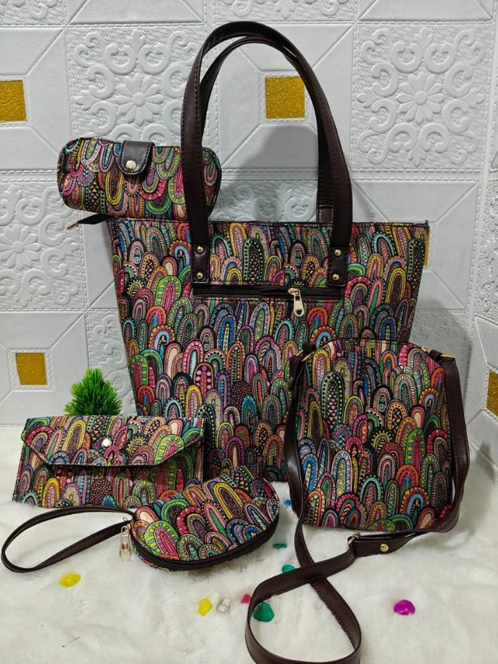 Multicolour cotton handbags 5-piece block printed set — Bagru Jaipur SA Fab