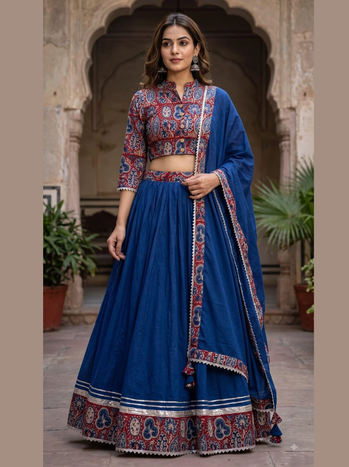 Midnight blue Navratri chaniya choli with traditional print crop top and tassel dupatta โ pure cotton Bagru SA Fab