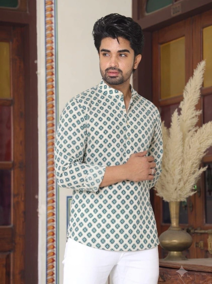 Off white small motif block printed short kurta for men — pure cotton, Bagru | SA Fab