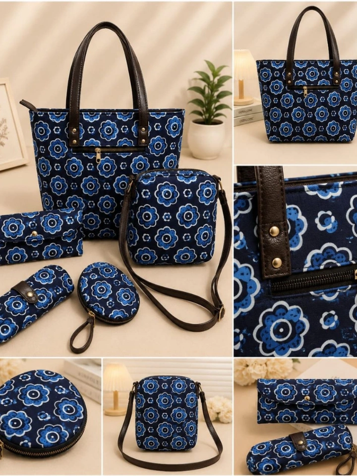 Navy blue flower print handbags 5-piece cotton set — hand block printed Bagru Jaipur SA Fab
