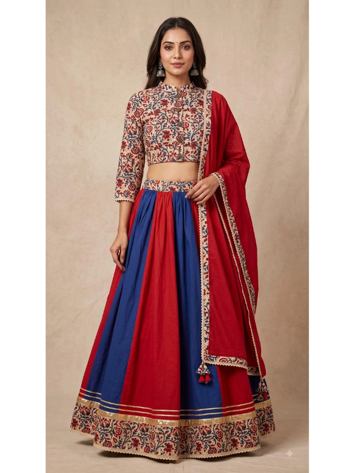 Red and blue latest chaniya choli design with beige floral crop top and blue dupatta — pure cotton block printed SA Fab