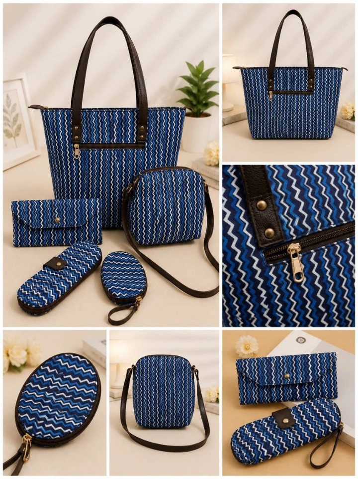 Indigo Zig Zag Cotton Handbag — 5-Piece Set
