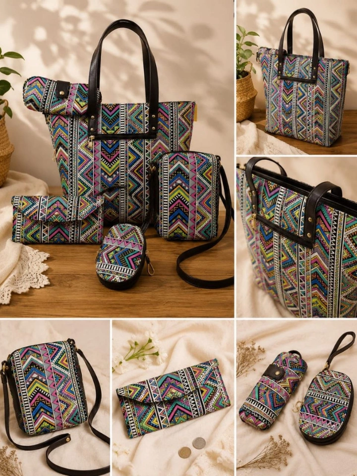 Multicolour zig zag cotton handbag design 5-piece block printed set — Bagru Jaipur SA Fab