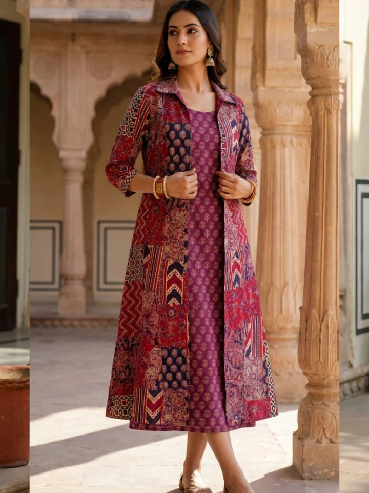 deep mauve midi dress with small motif print and patchwork shrug — pure cotton hand block printed Bagru SA Fab