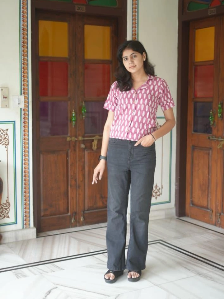 Mauve pink small motif block printed shirt top for women — pure cotton half sleeve Bagru top SA Fab
