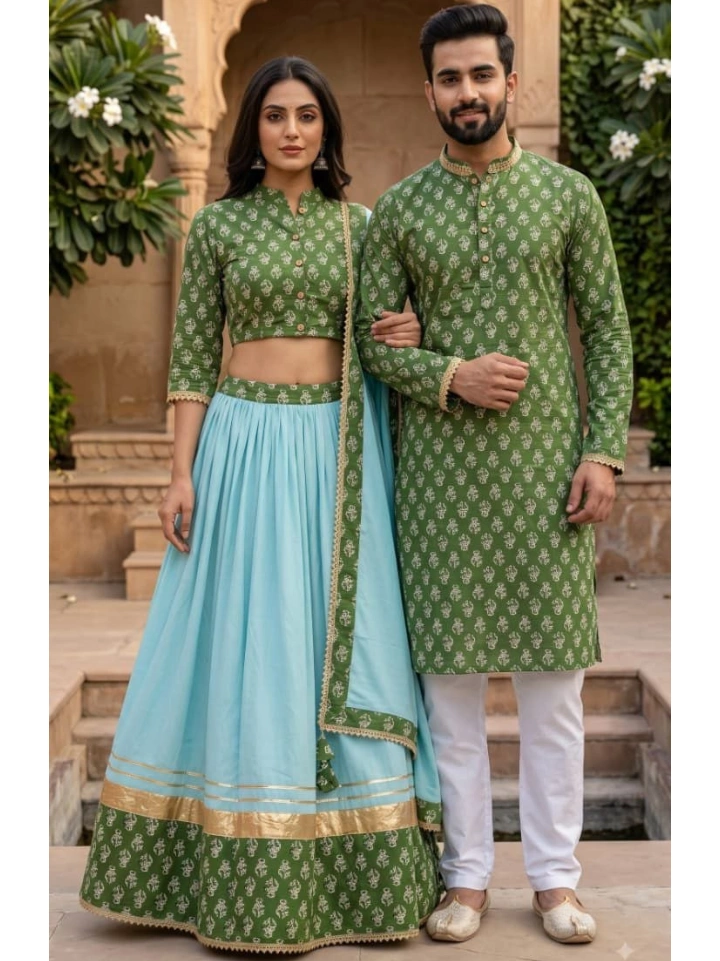 White and olive green motif print haldi couple outfits — pure cotton lehenga, dupatta, choli and matching kurta | SA Fab