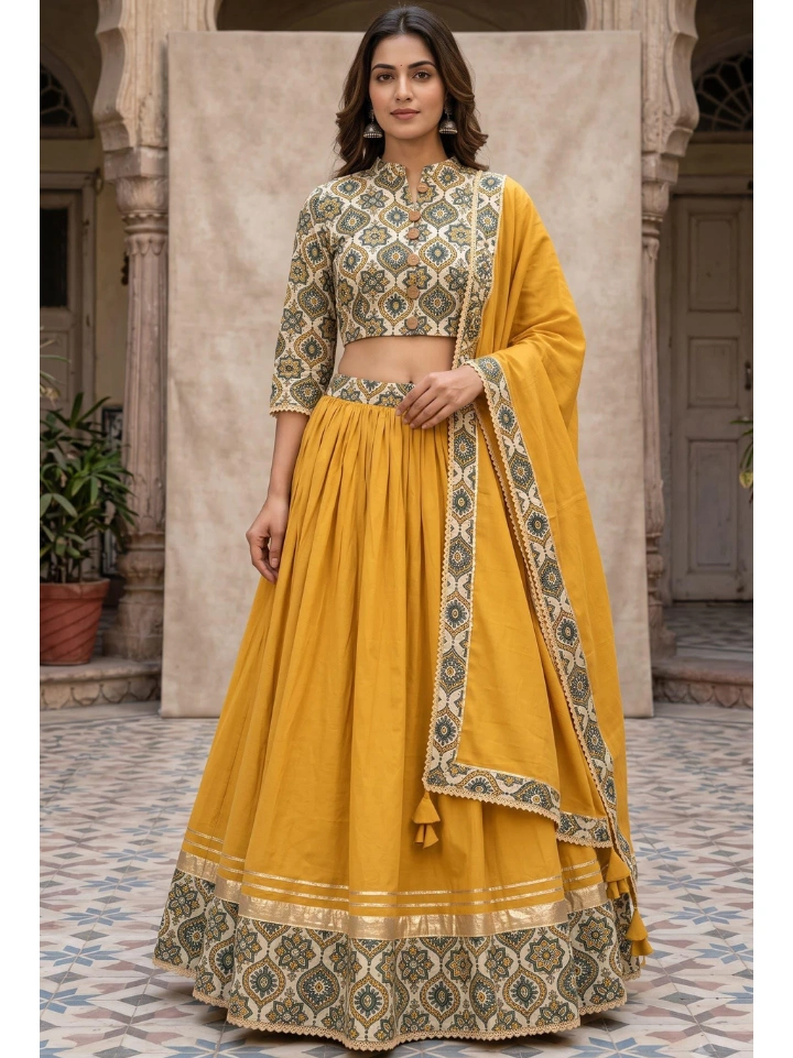 Warm yellow-orange block printed Navratri chaniya choli with tassel dupatta โ pure cotton Bagru SA Fab