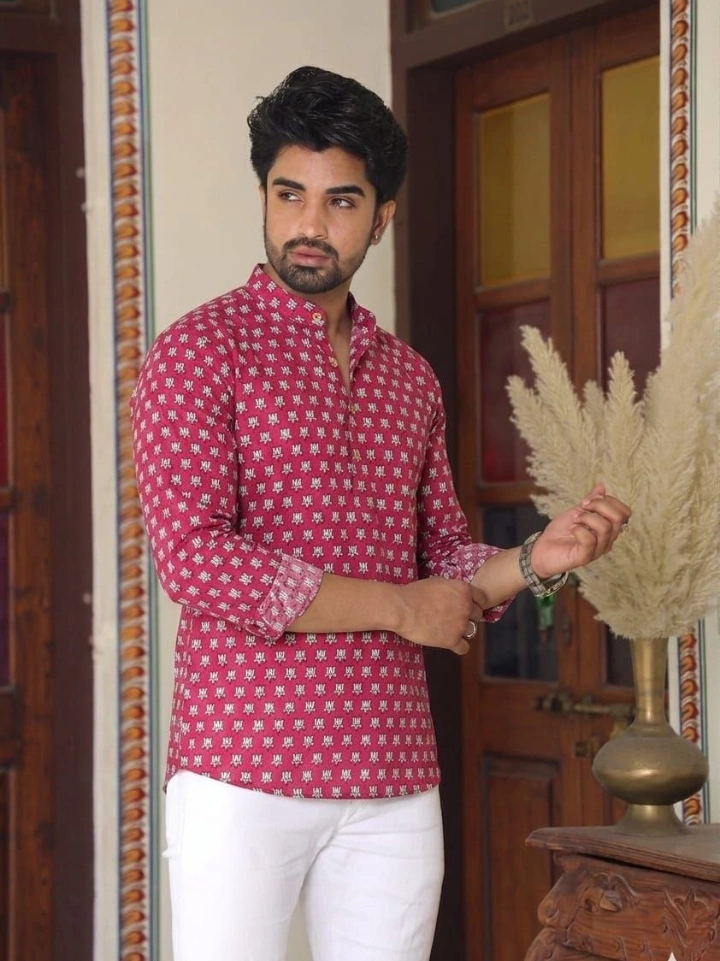 Pink lotus flower block printed short kurta for men — pure cotton, Bagru | SA Fab