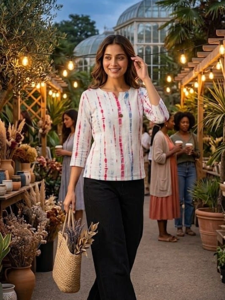 White tie-dye print cotton top for women — pure cotton, Bagru | SA Fab