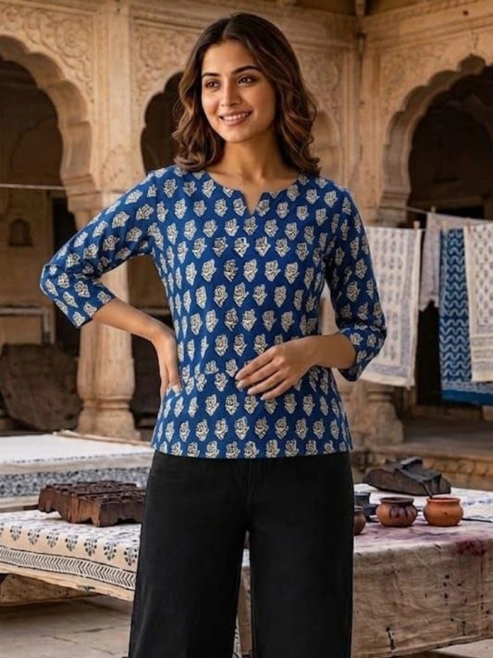Indigo small flower motif printed cotton top for women — pure cotton, Bagru | SA Fab