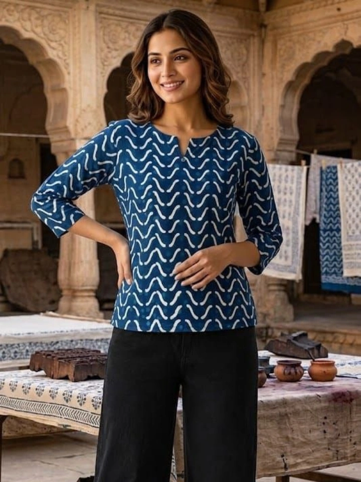 Indigo geometric print 3/4 sleeve cotton top for women — pure cotton, Bagru | SA Fab
