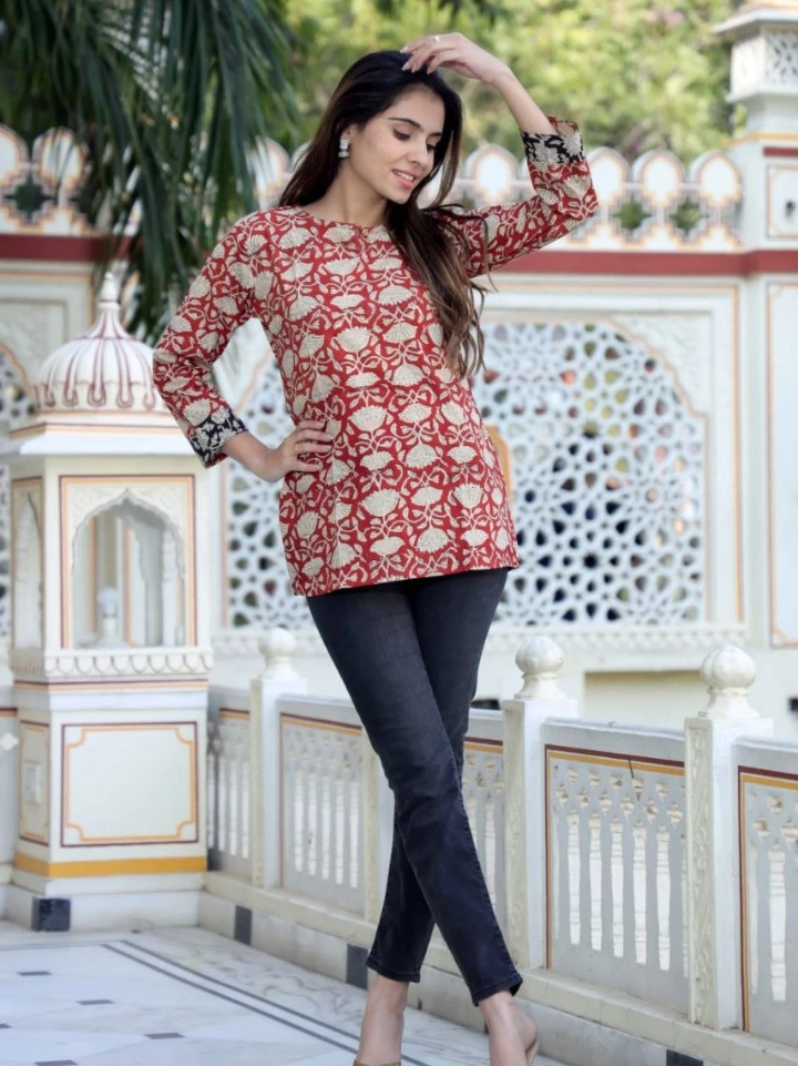 Red Kalamkari style floral print cotton tunic top for women — pure cotton, Bagru | SA Fab