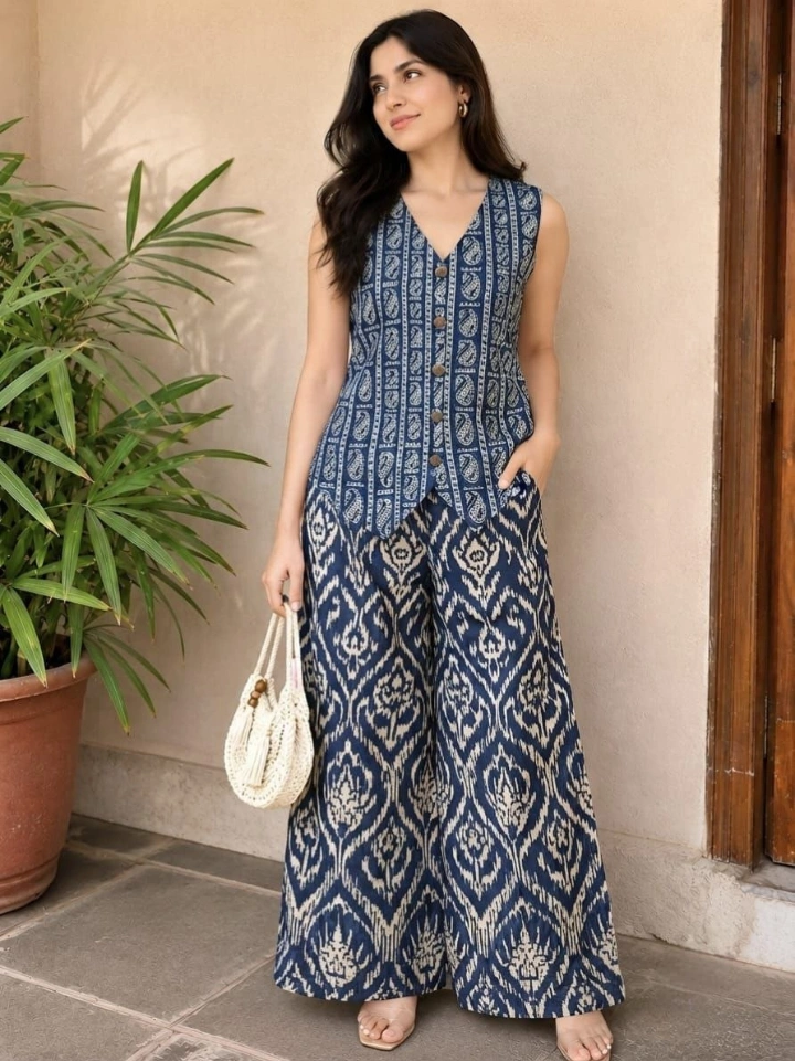 Indigo small motif womens waistcoat with deep navy printed palazzo pants — pure cotton Bagru Jaipur SA Fab