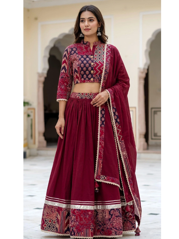 Dark burgundy patch work chaniya choli for women — pure cotton block printed lehenga with tassel dupatta SA Fab