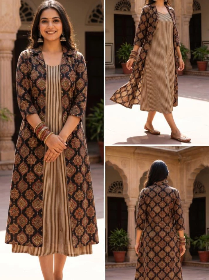 brown striped midi dress with black Mughal motif print shrug — pure cotton hand block printed Bagru SA Fab